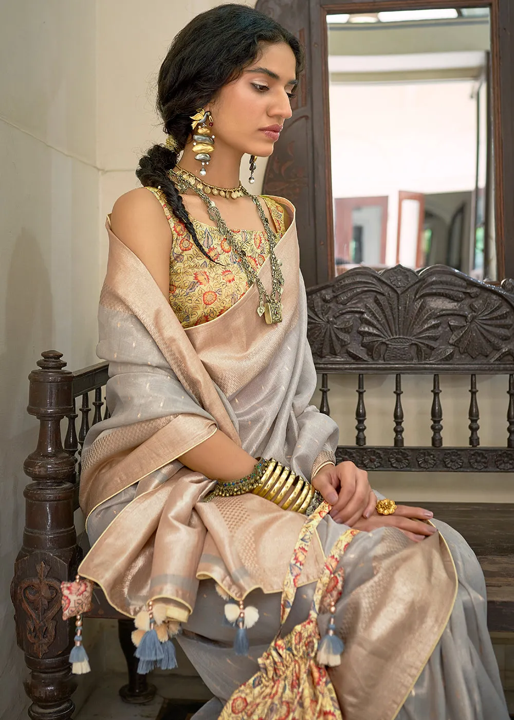 Smoke Grey Zari Weaving Tissue Silk Saree with kalamkari Print Blouse