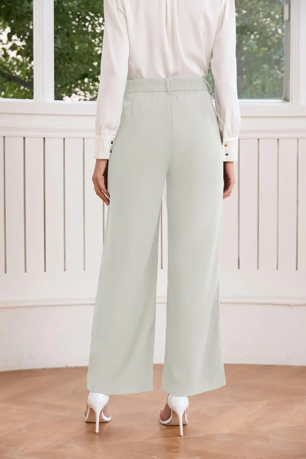 TASAMO Women High Waist Wide Leg Pants Elastic Waisted in The Back Office Business Casual Work Trousers Straight Suit Pants