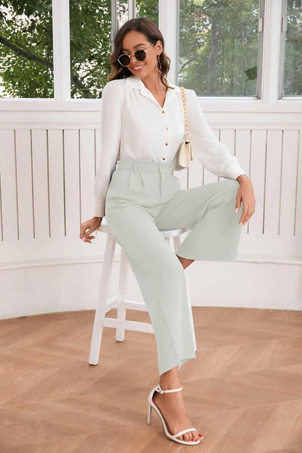 TASAMO Women High Waist Wide Leg Pants Elastic Waisted in The Back Office Business Casual Work Trousers Straight Suit Pants