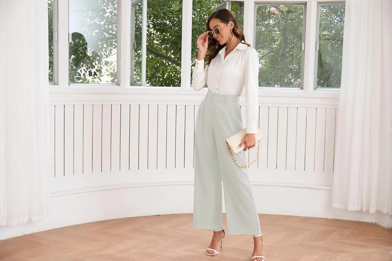 TASAMO Women High Waist Wide Leg Pants Elastic Waisted in The Back Office Business Casual Work Trousers Straight Suit Pants