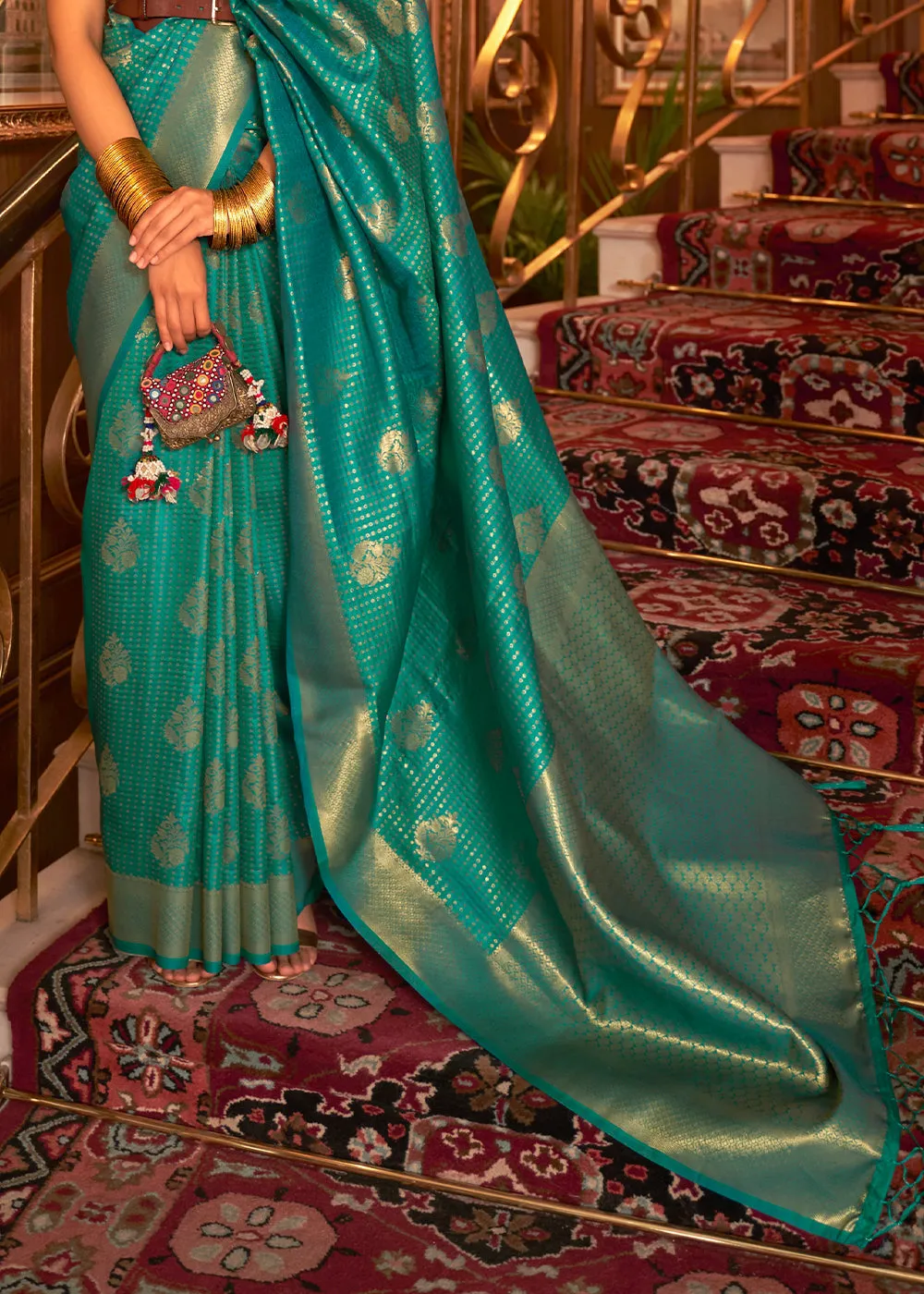 Turtle Green Woven Banarasi Silk Saree