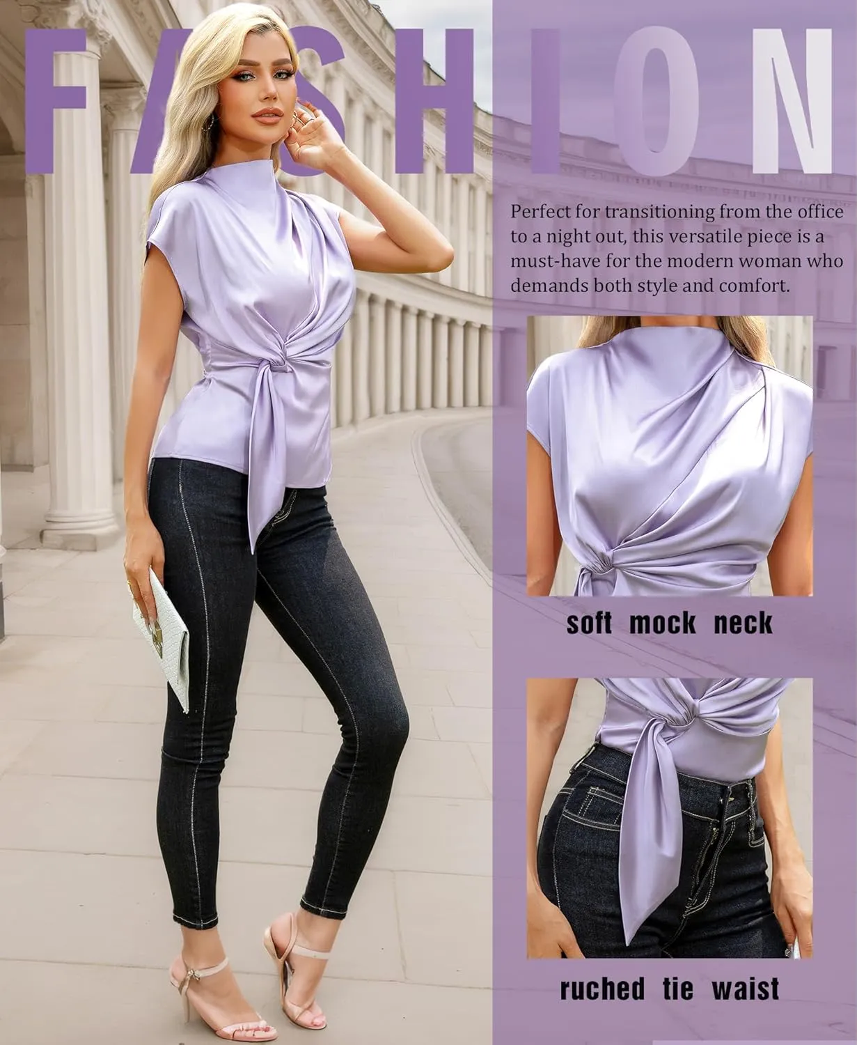 VIDUSSA Womens Dressy Casual Tops - Silk Satin Work Blouse Mock Neck Cap Sleeve Ruched Tie Front Peplum Tunic Shirts