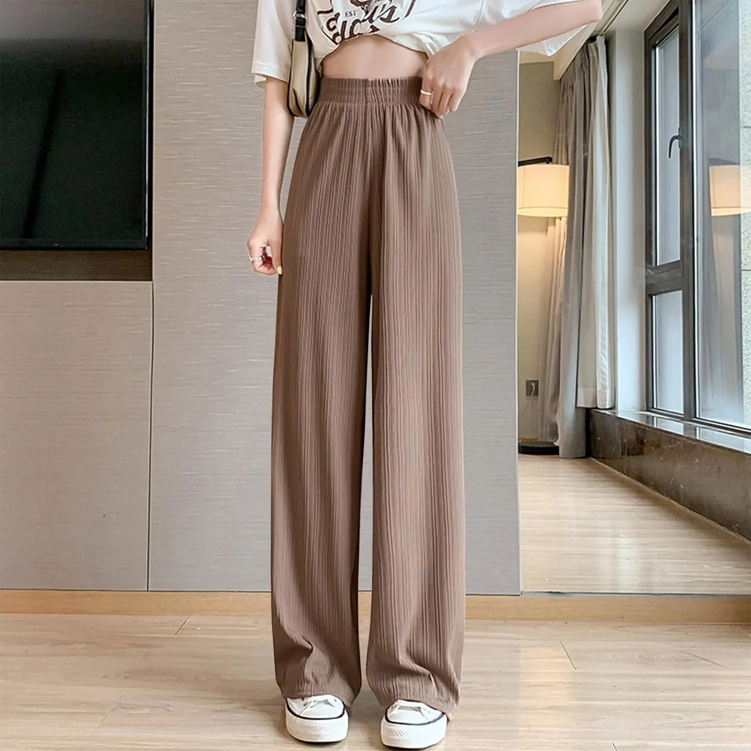 Wide Leg Pants for Women Summer High Waist Elastic Loose Fit Ice Silk Lounge Trouser Flowy Straight Palazzo Pants