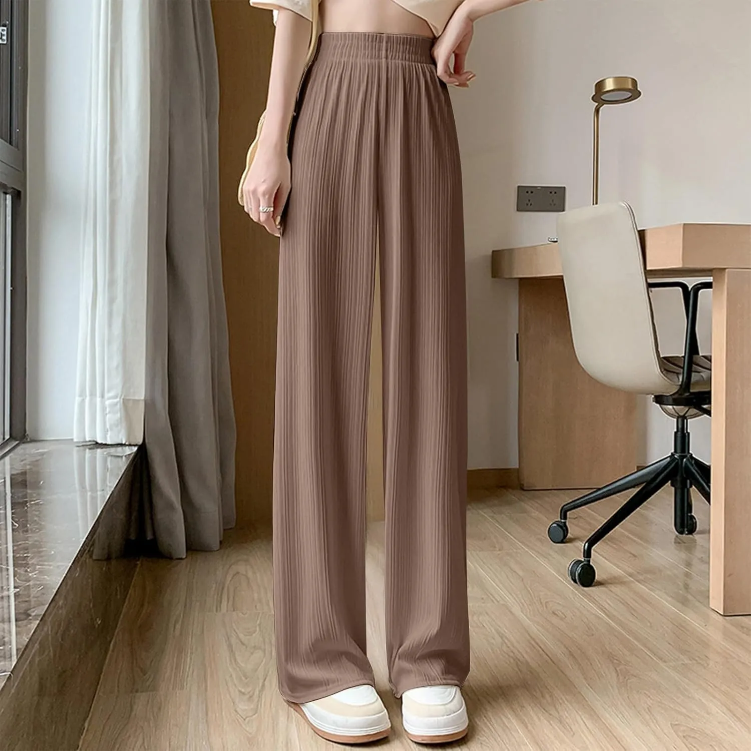 Wide Leg Pants for Women Summer High Waist Elastic Loose Fit Ice Silk Lounge Trouser Flowy Straight Palazzo Pants