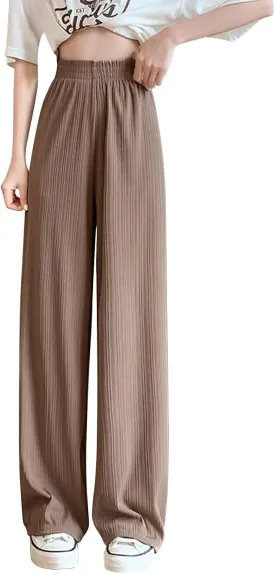 Wide Leg Pants for Women Summer High Waist Elastic Loose Fit Ice Silk Lounge Trouser Flowy Straight Palazzo Pants