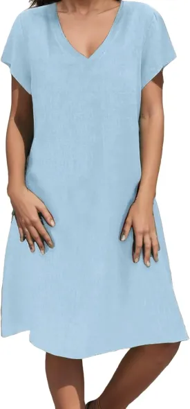 Women Shirt Dress Plus Size Rolled Sleeve Buttons V Neck T-Shirt Dresses Turn Down Collar Cotton Linen Short Dress