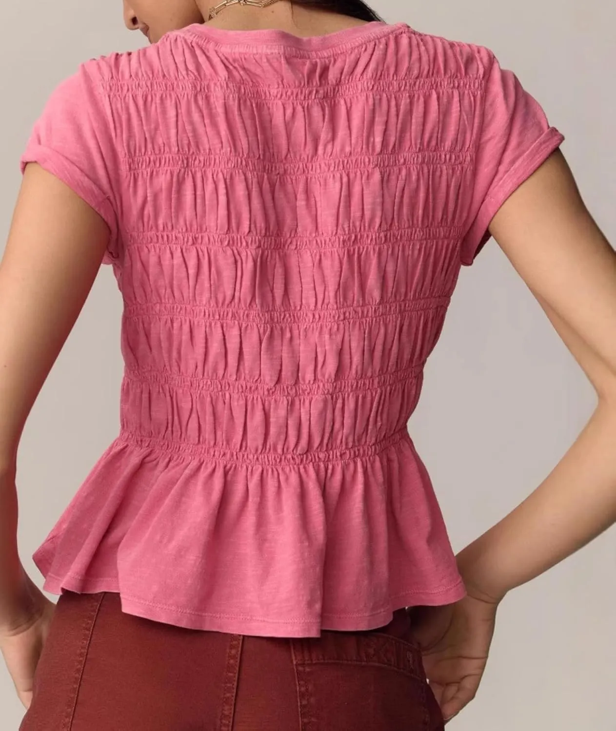 Women Smocked Peplum Top Round Neck Short Sleeve Solid Shirred Ruffle Hem Blouse Shirt Streetwear Summer 2025