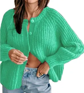 Women Y2K Chunky Open Front Sweater Long Sleeve Button Down Cropped Sweater Cardigan Fall Loose Casual Knit Outwear
