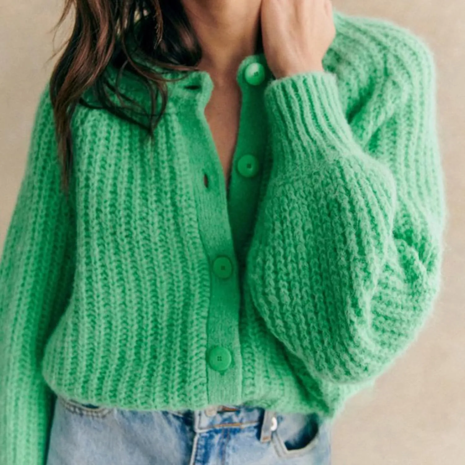 Women Y2K Chunky Open Front Sweater Long Sleeve Button Down Cropped Sweater Cardigan Fall Loose Casual Knit Outwear