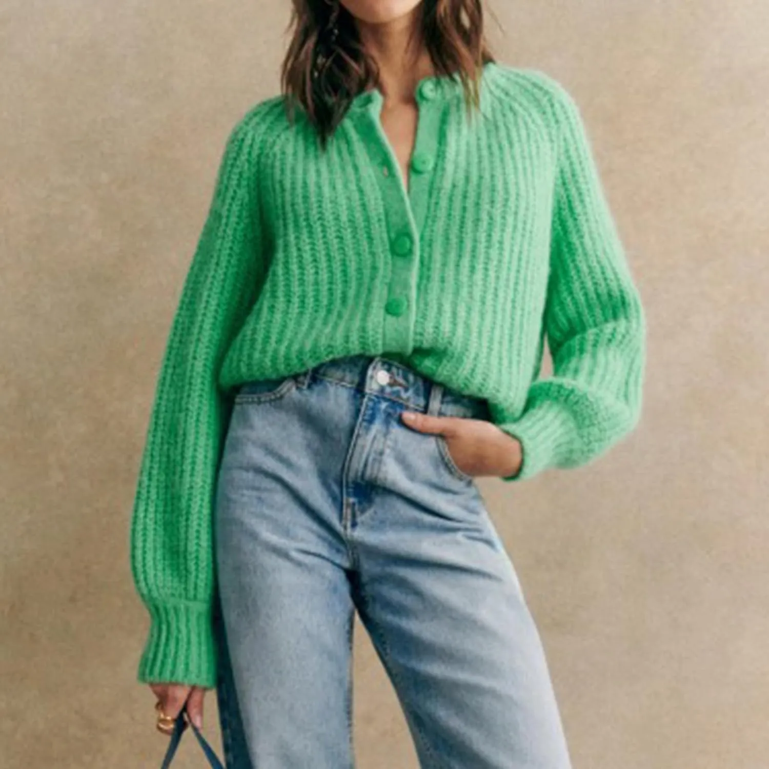 Women Y2K Chunky Open Front Sweater Long Sleeve Button Down Cropped Sweater Cardigan Fall Loose Casual Knit Outwear