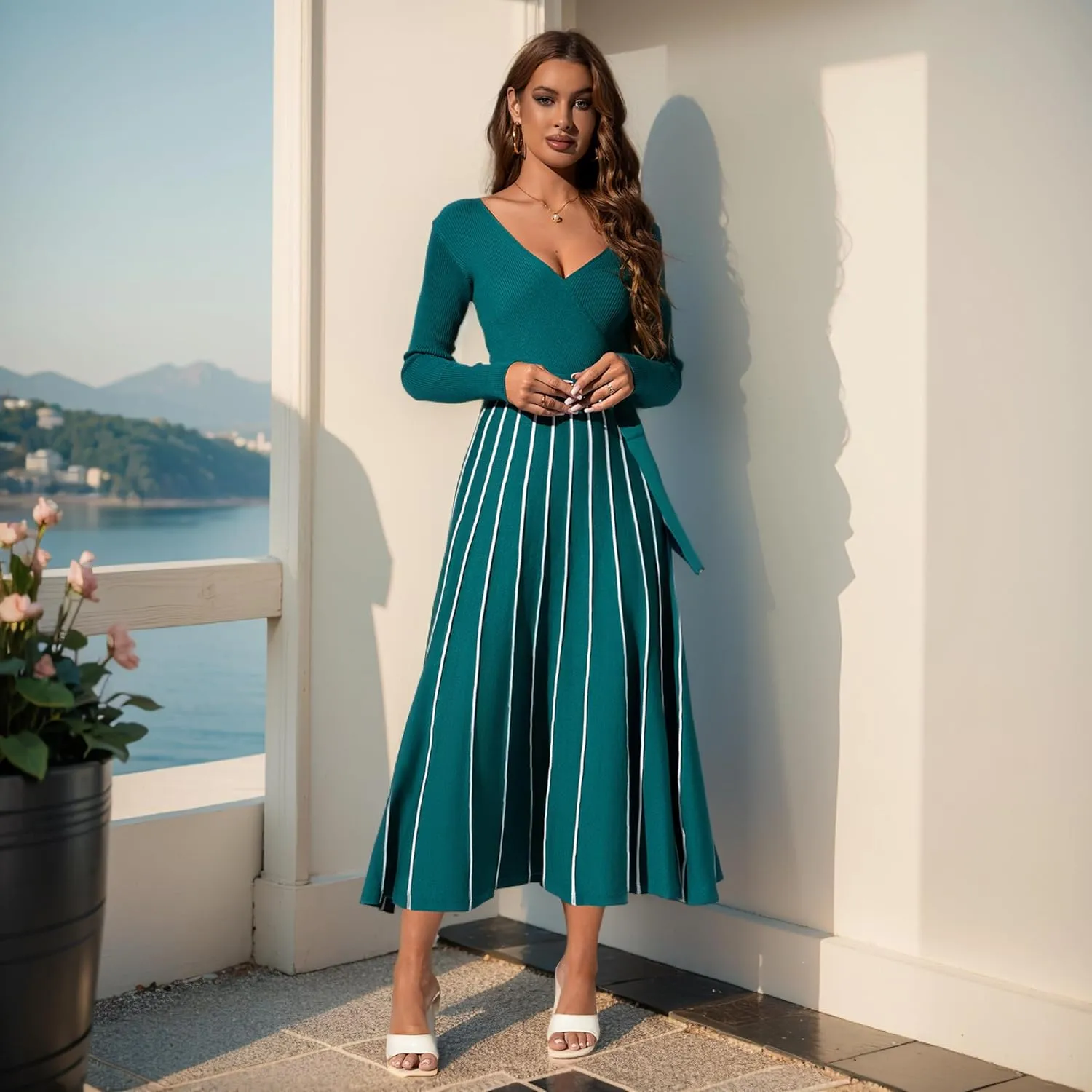 Womens 2025 Spring Autumn V Neck Wrap Dress Long Sleeve Tie Waist Ribbed Knit High Waist A Line Casual Midi Dress