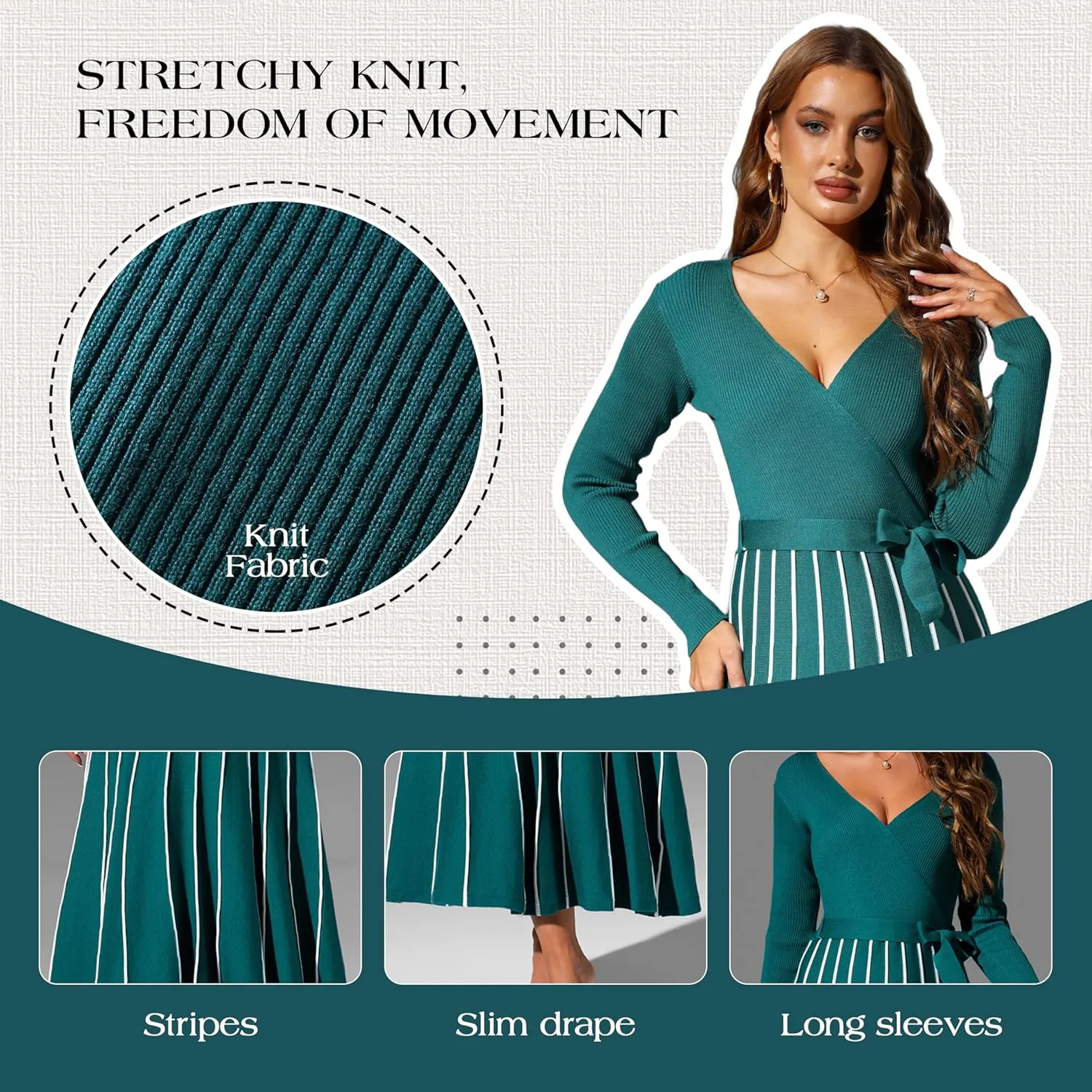 Womens 2025 Spring Autumn V Neck Wrap Dress Long Sleeve Tie Waist Ribbed Knit High Waist A Line Casual Midi Dress