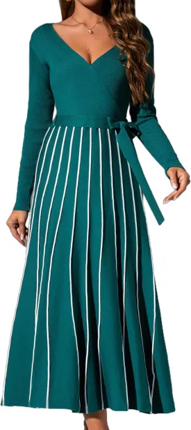 Womens 2025 Spring Autumn V Neck Wrap Dress Long Sleeve Tie Waist Ribbed Knit High Waist A Line Casual Midi Dress