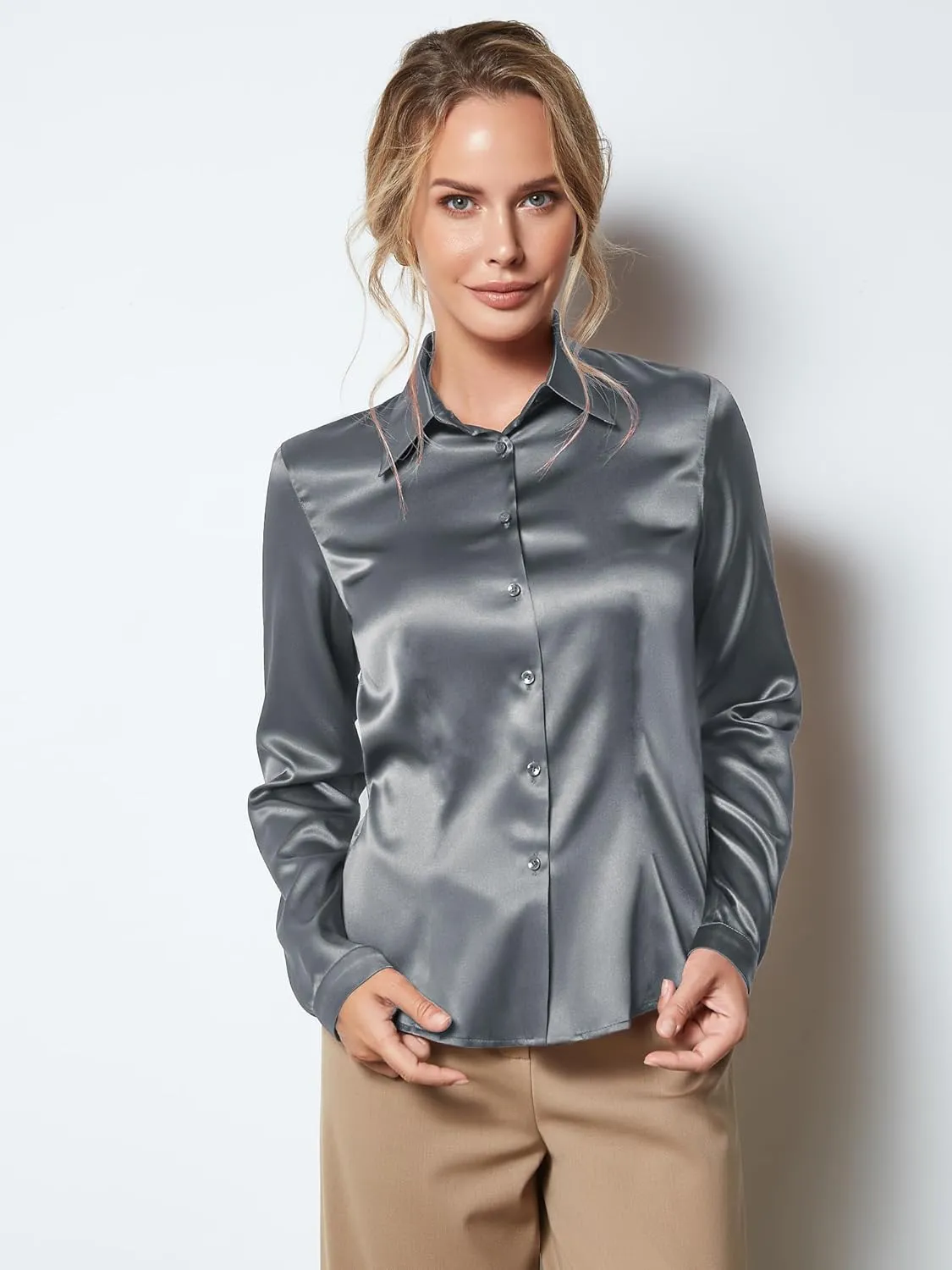 Women's Blouse Satin Silk Shirts, Casual Loose Long Sleeve for Office Work, Corporate Outfit Clothes