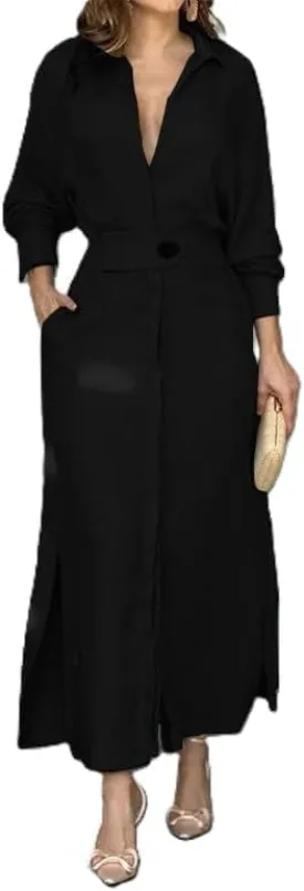 Womens Cotton Linen Maxi Shirt Dress Dressy Casual V Neck Long Sleeve High Waist Irregular Slit Dress with Pockets