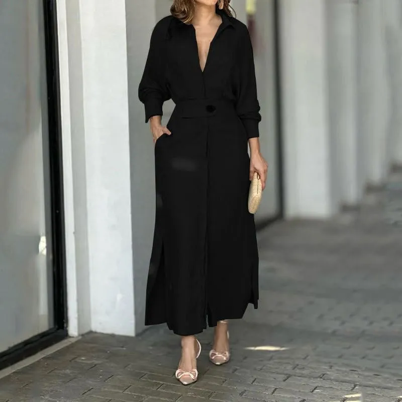 Womens Cotton Linen Maxi Shirt Dress Dressy Casual V Neck Long Sleeve High Waist Irregular Slit Dress with Pockets