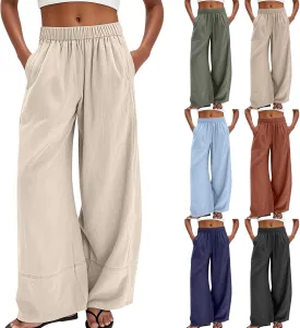 Women's Cotton Linen Palazzo Pants Summer Baggy Casual Wide Leg Pants High Waisted Flowy Lounge Trousers with Pockets