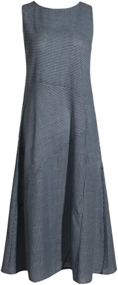 Women's Cotton Linen Sleeveless Midi Dress Striped Print Tank Dresses Flowy Casual Beach Long Sundress with Pocket