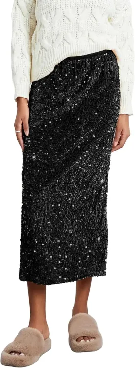 Women's Elegant Sparkly Sequin Midi Skirt Elastic High Waist Shiny Glitter Pencil Formal Party Long Skirt