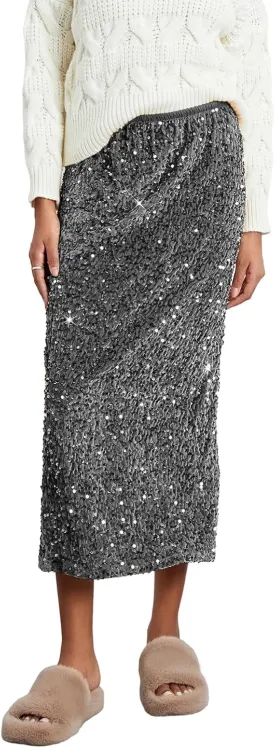 Women's Elegant Sparkly Sequin Midi Skirt Elastic High Waist Shiny Glitter Pencil Formal Party Long Skirt