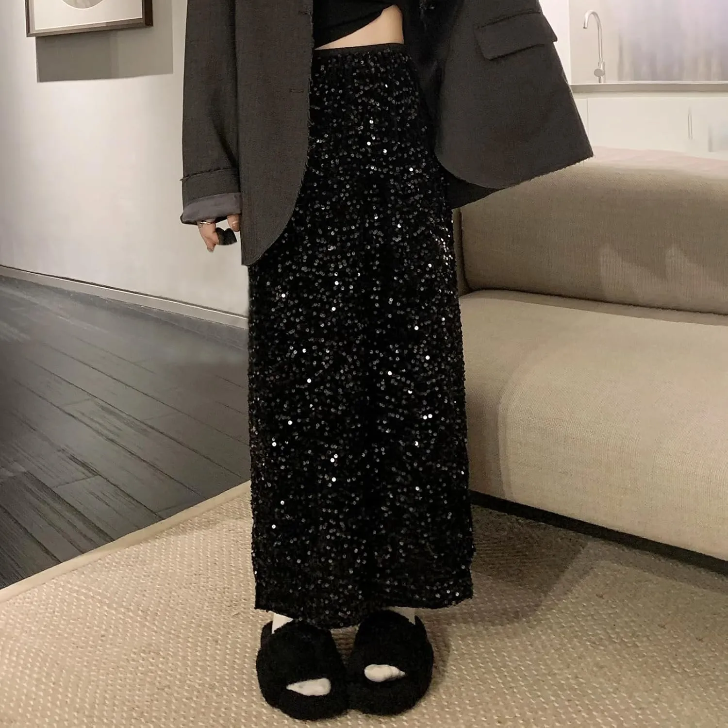 Women's Elegant Sparkly Sequin Midi Skirt Elastic High Waist Shiny Glitter Pencil Formal Party Long Skirt
