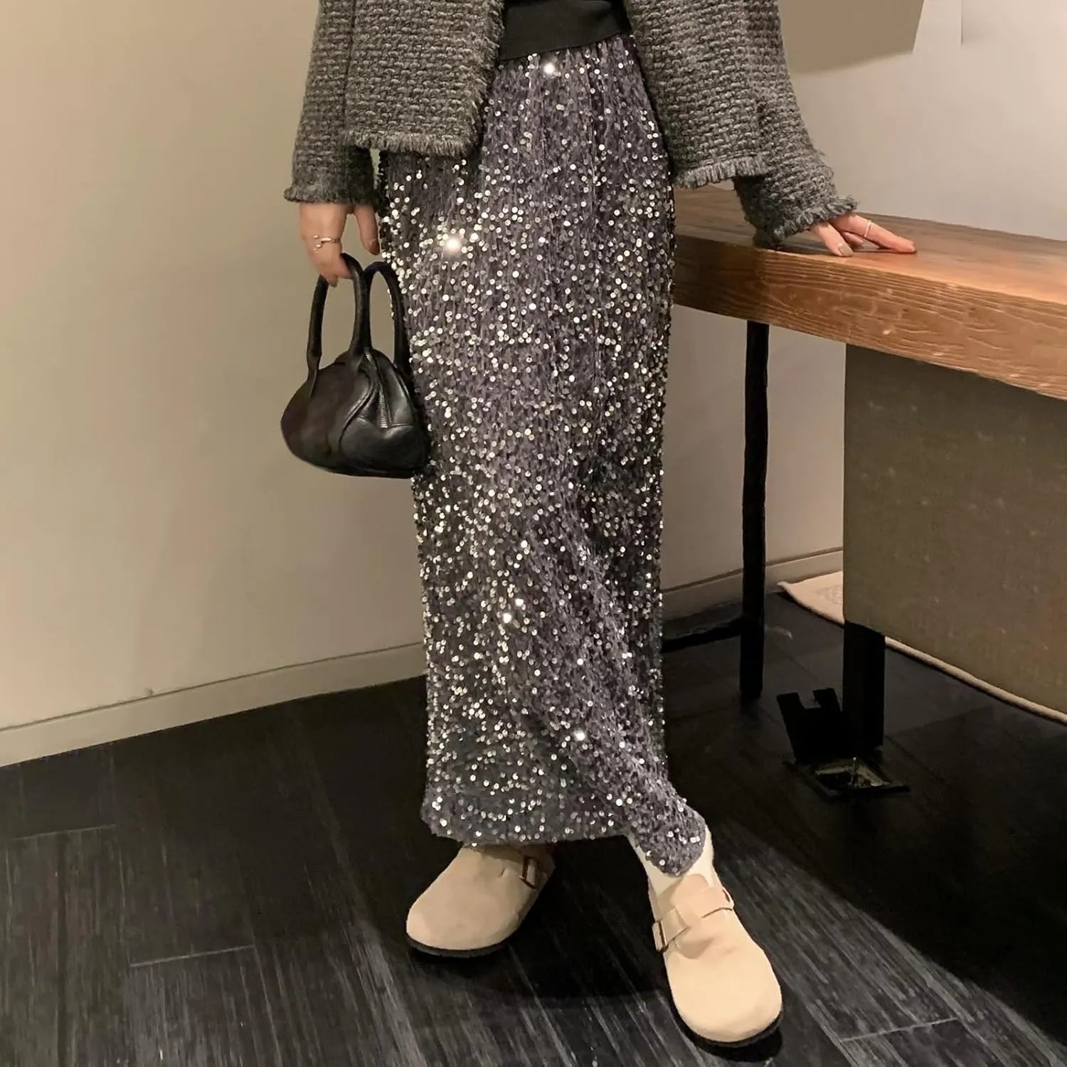 Women's Elegant Sparkly Sequin Midi Skirt Elastic High Waist Shiny Glitter Pencil Formal Party Long Skirt