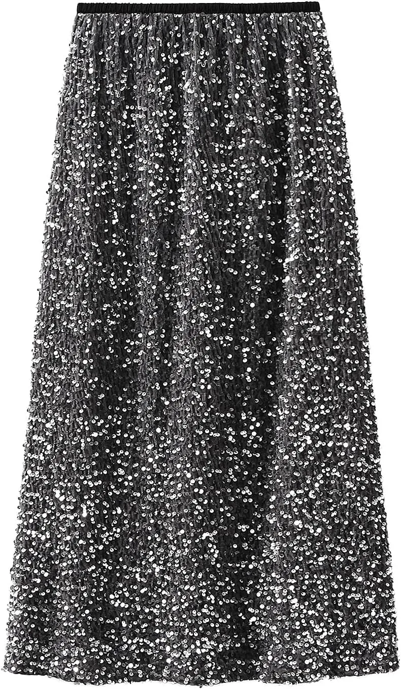 Women's Elegant Sparkly Sequin Midi Skirt Elastic High Waist Shiny Glitter Pencil Formal Party Long Skirt