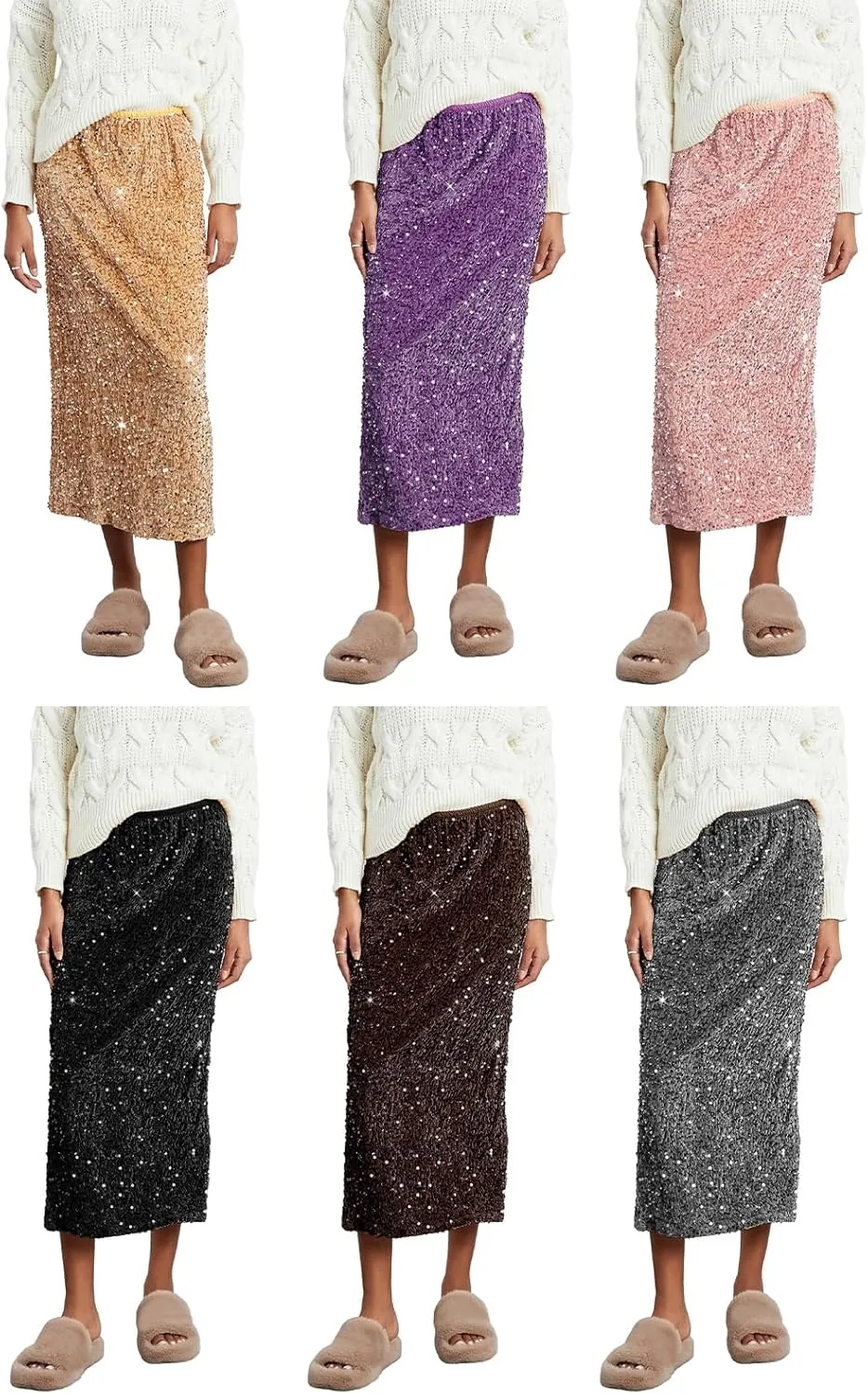 Women's Elegant Sparkly Sequin Midi Skirt Elastic High Waist Shiny Glitter Pencil Formal Party Long Skirt
