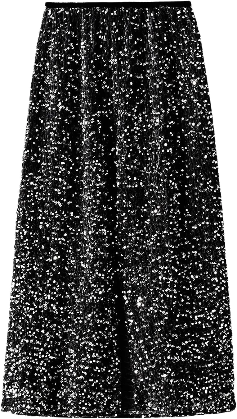 Women's Elegant Sparkly Sequin Midi Skirt Elastic High Waist Shiny Glitter Pencil Formal Party Long Skirt