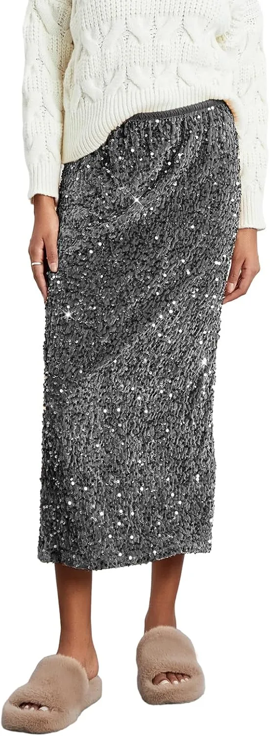Women's Elegant Sparkly Sequin Midi Skirt Elastic High Waist Shiny Glitter Pencil Formal Party Long Skirt