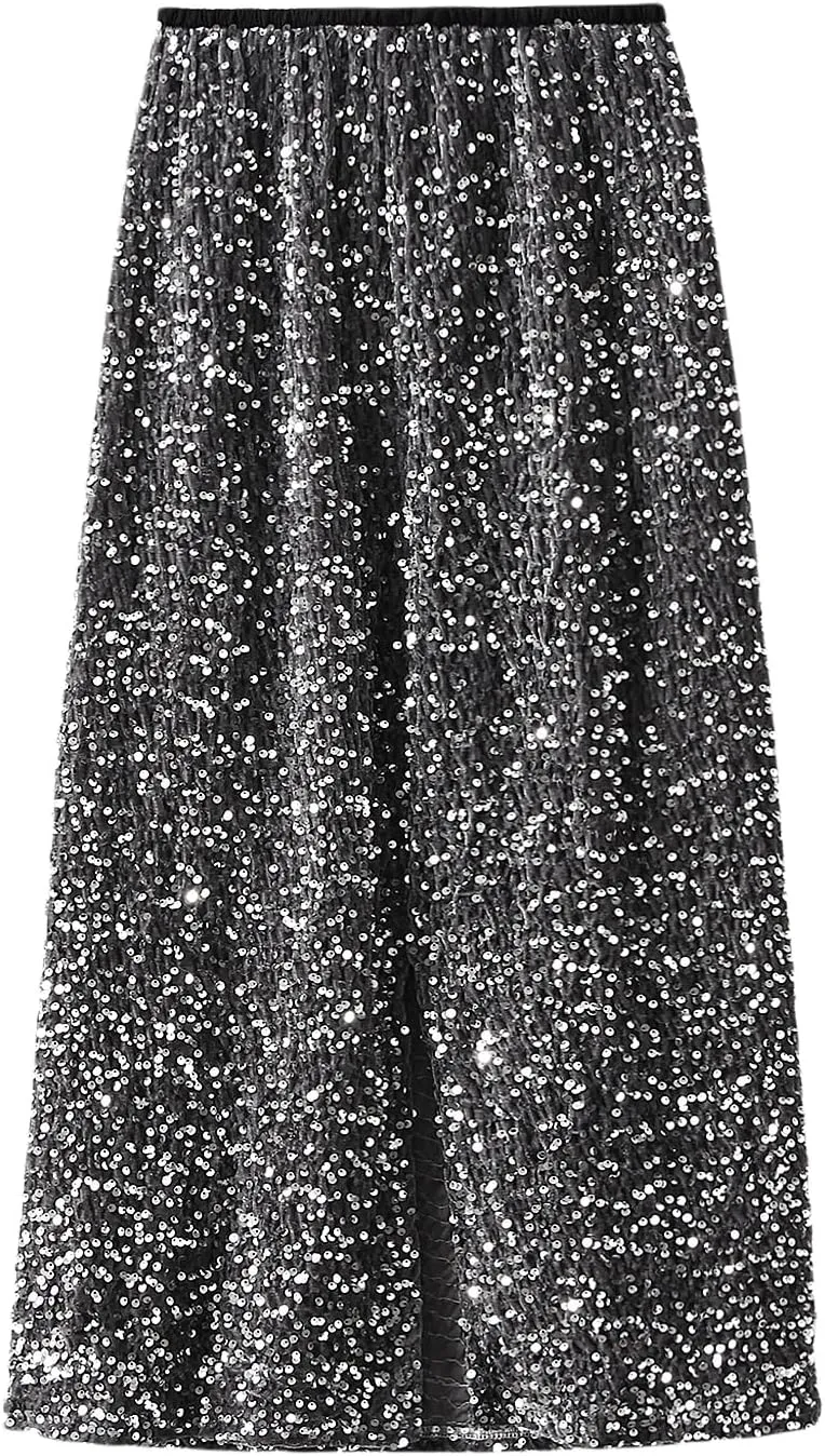 Women's Elegant Sparkly Sequin Midi Skirt Elastic High Waist Shiny Glitter Pencil Formal Party Long Skirt