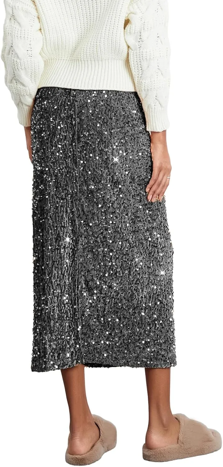 Women's Elegant Sparkly Sequin Midi Skirt Elastic High Waist Shiny Glitter Pencil Formal Party Long Skirt