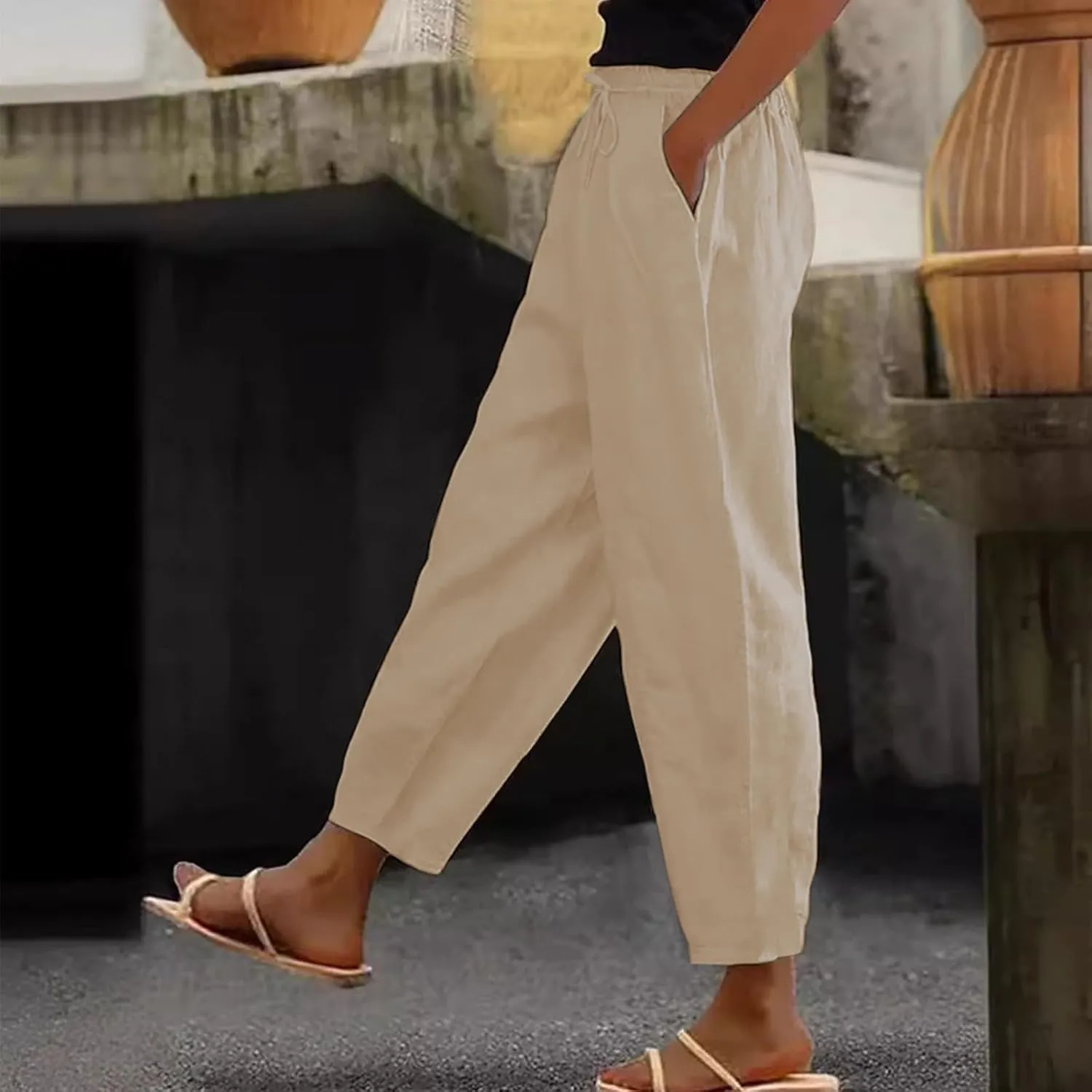 Women's Fashion Elastic Lightweight Breathable Lace Trim Vintage Casual Dressy Loose Fit Pants