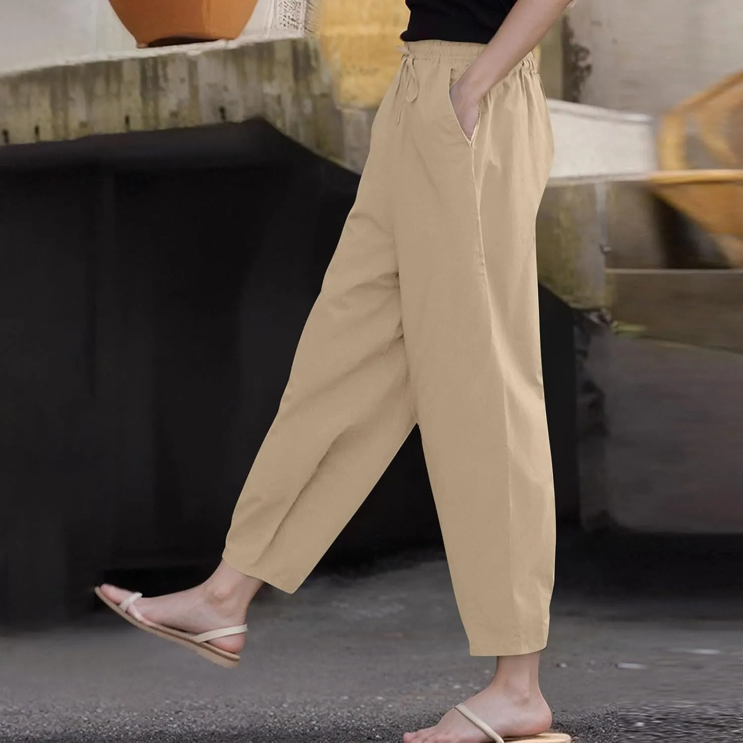 Women's Fashion Elastic Lightweight Breathable Lace Trim Vintage Casual Dressy Loose Fit Pants