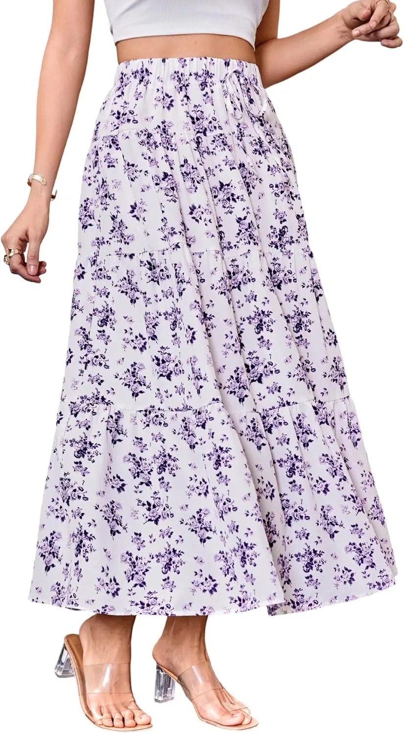 Women's Flowy Flared Ruffle Hem A Line Maxi Skirts Elastic Waist Elegant Tiered Layer Boho Long Skirts
