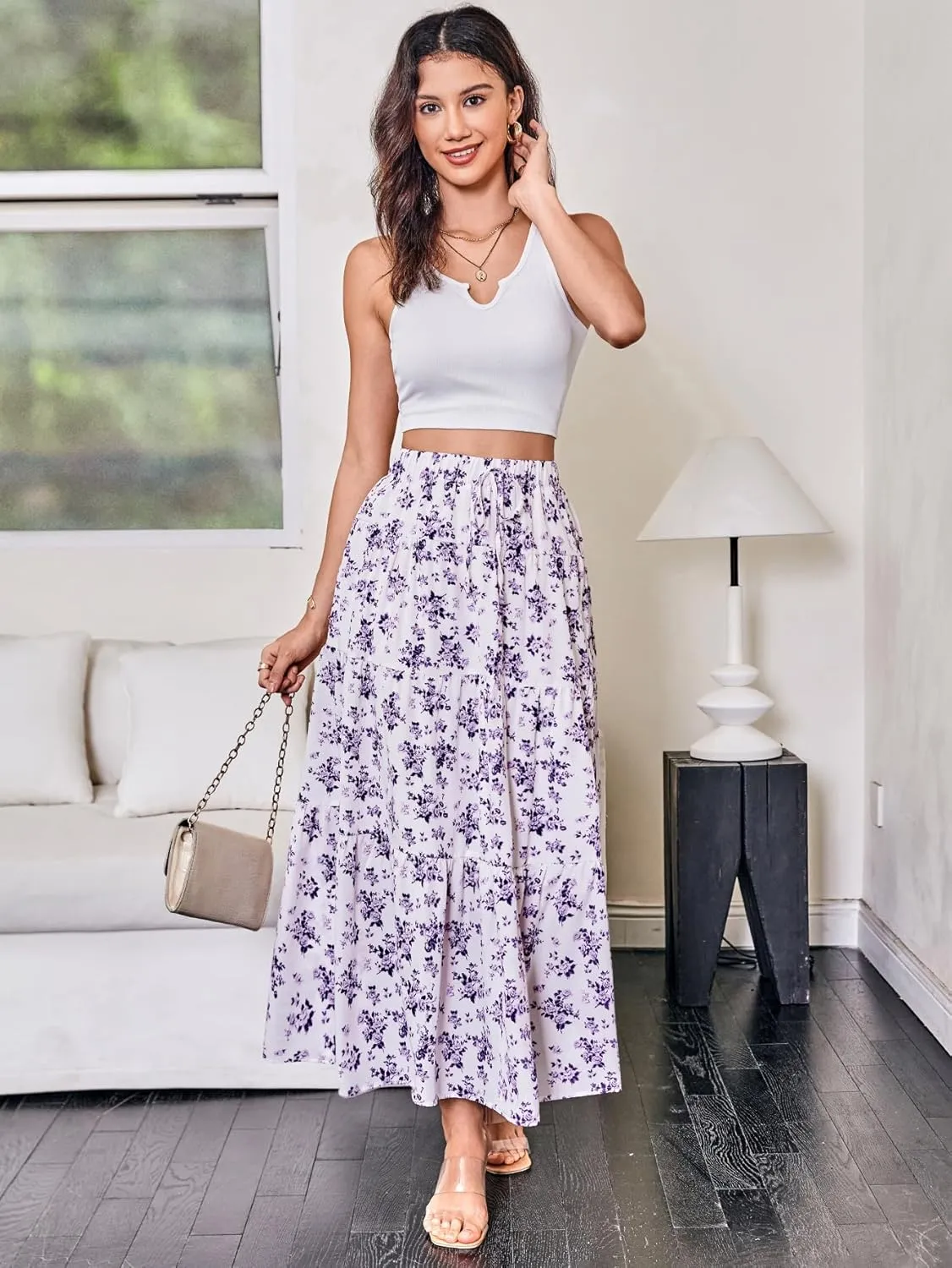 Women's Flowy Flared Ruffle Hem A Line Maxi Skirts Elastic Waist Elegant Tiered Layer Boho Long Skirts