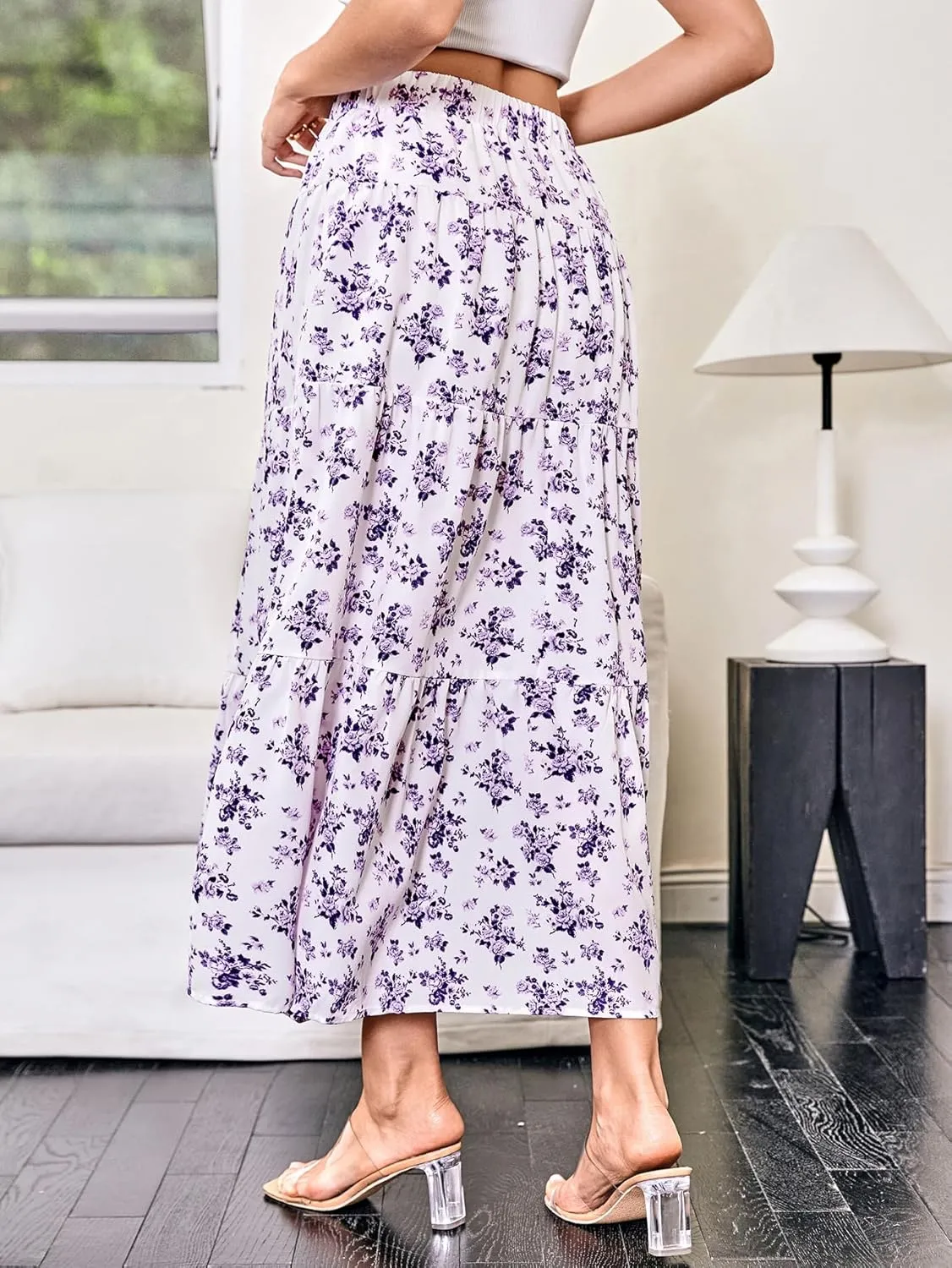 Women's Flowy Flared Ruffle Hem A Line Maxi Skirts Elastic Waist Elegant Tiered Layer Boho Long Skirts
