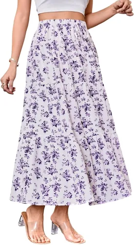 Women's Flowy Flared Ruffle Hem A Line Maxi Skirts Elastic Waist Elegant Tiered Layer Boho Long Skirts