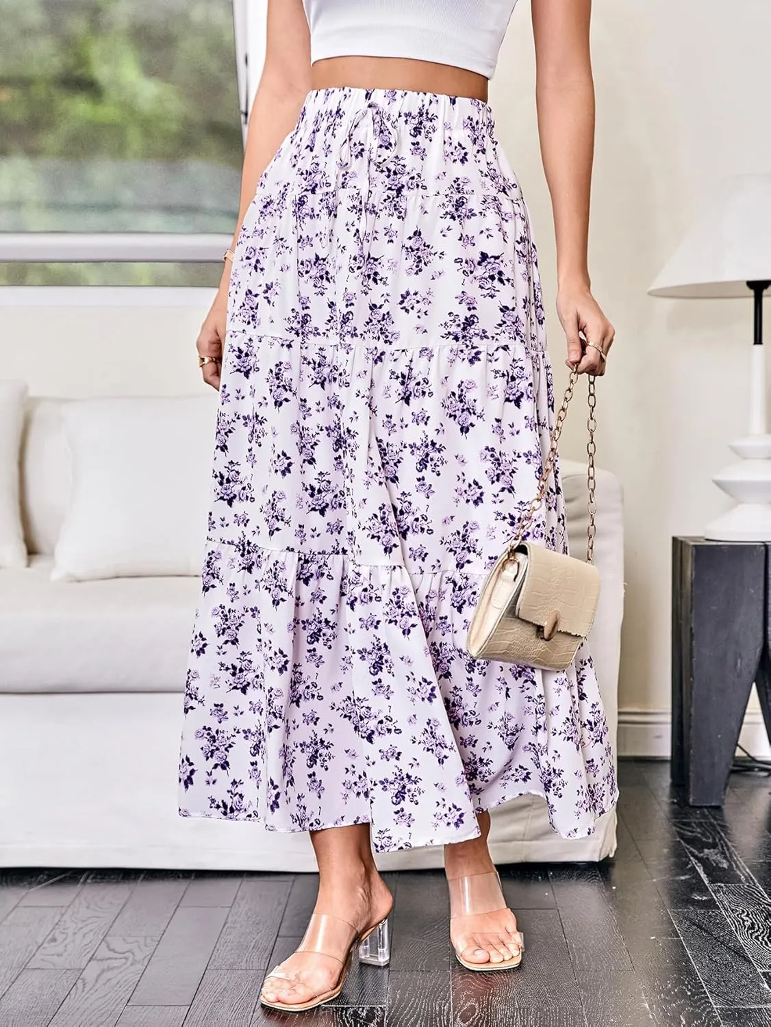 Women's Flowy Flared Ruffle Hem A Line Maxi Skirts Elastic Waist Elegant Tiered Layer Boho Long Skirts