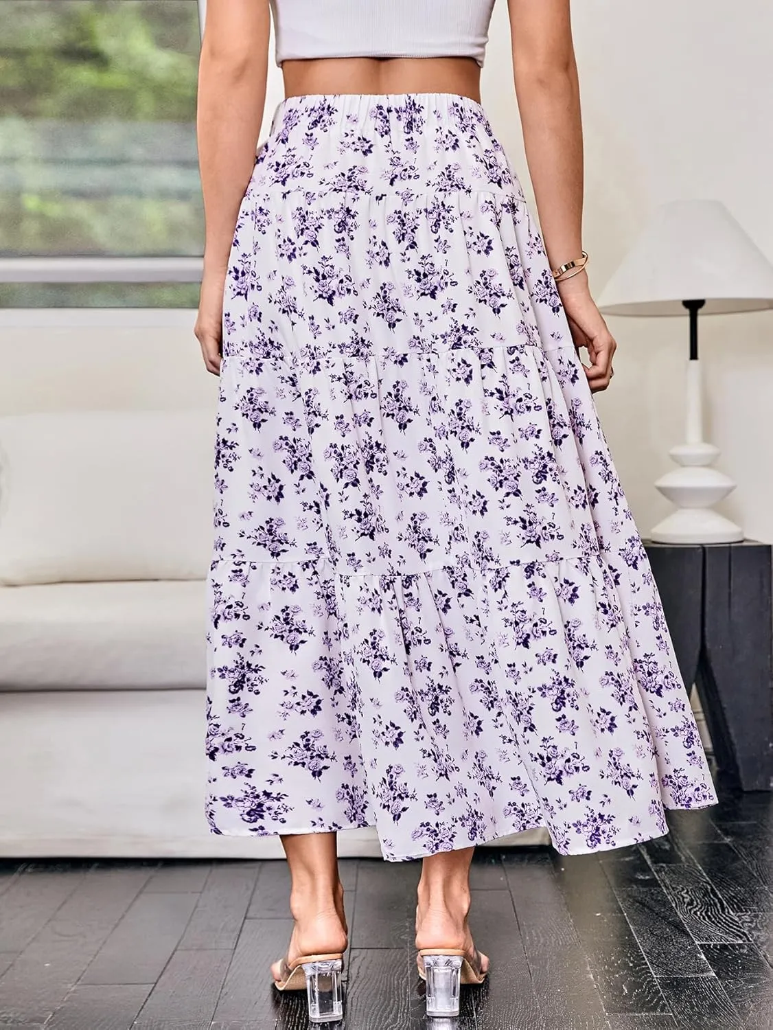Women's Flowy Flared Ruffle Hem A Line Maxi Skirts Elastic Waist Elegant Tiered Layer Boho Long Skirts