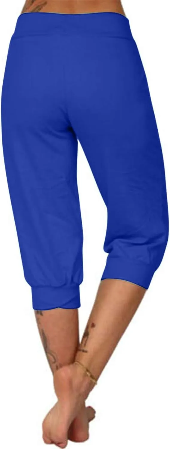 Women's High Waist Stretch Pant Elastic Summer Casual Capris Sweatpant Mid Calf Length Trouser Sport Vacation Pants