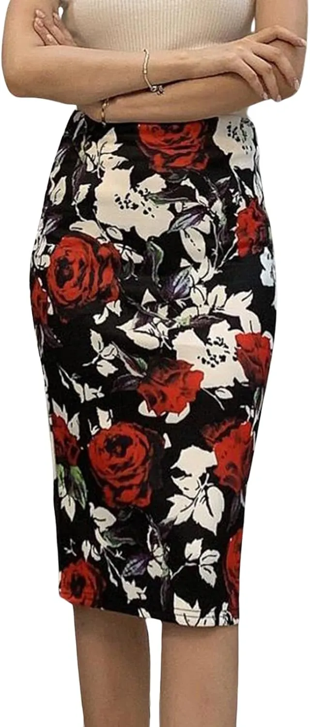 Womens Print Midi Pencil Skirt High Waisted Stretch Office Straight Spit Skirt