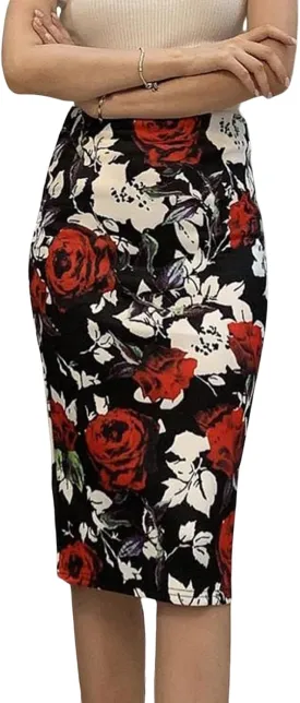 Womens Print Midi Pencil Skirt High Waisted Stretch Office Straight Spit Skirt
