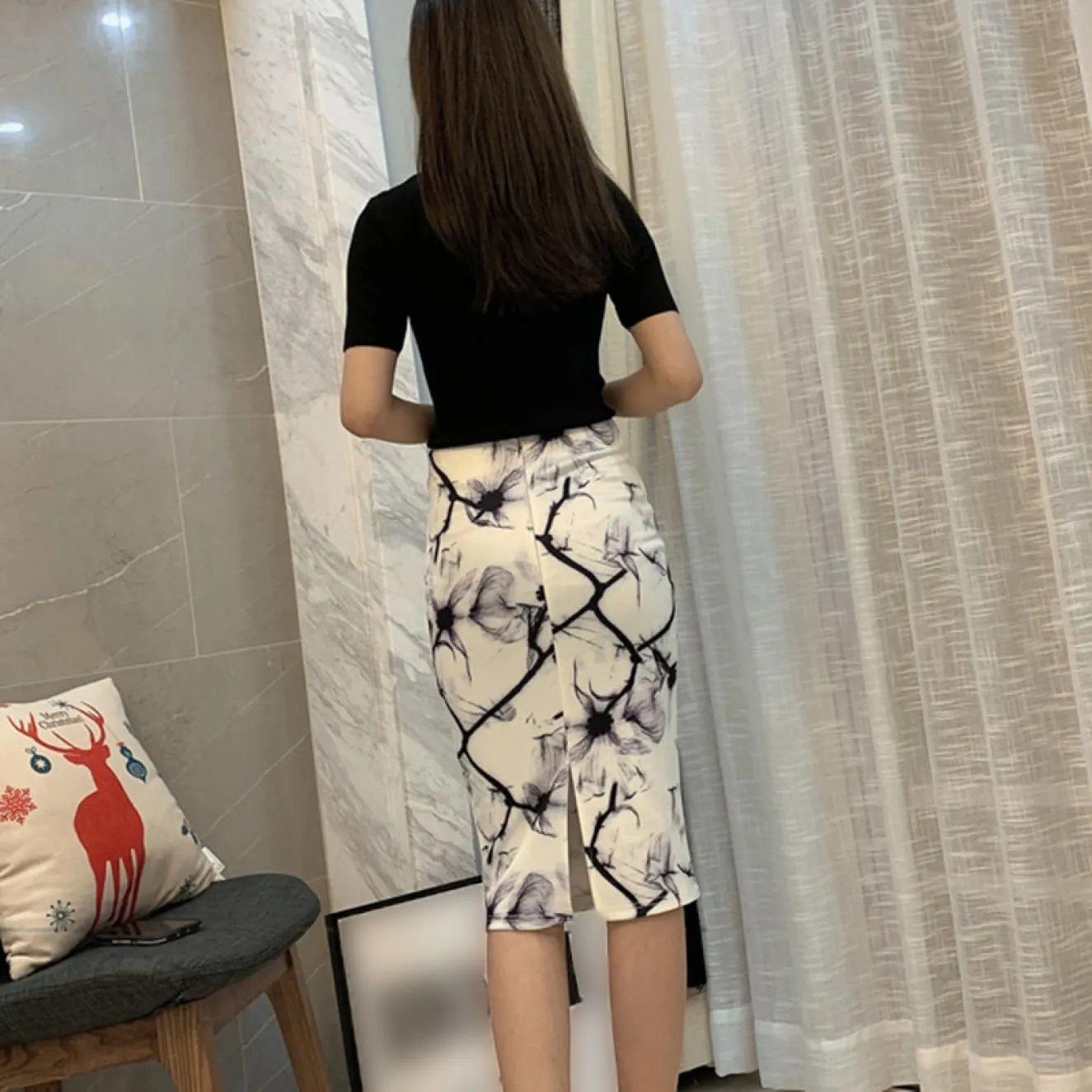 Womens Print Midi Pencil Skirt High Waisted Stretch Office Straight Spit Skirt
