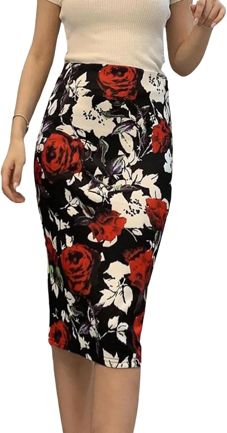 Womens Print Midi Pencil Skirt High Waisted Stretch Office Straight Spit Skirt