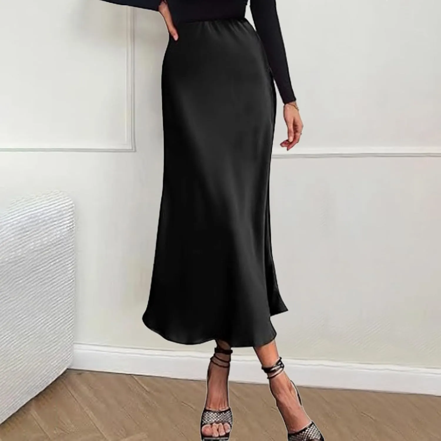Women's Satin Silk Maxi Skirts High Waist Hidden Elasticized Waistband Flared Casual A Line Midi Skirt Cocktail Party