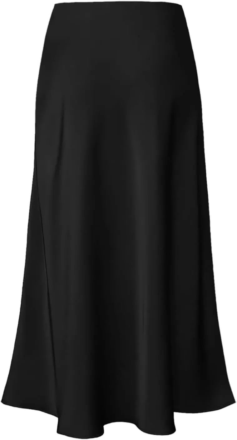 Women's Satin Silk Maxi Skirts High Waist Hidden Elasticized Waistband Flared Casual A Line Midi Skirt Cocktail Party