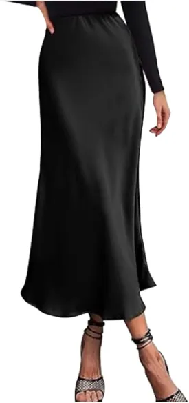 Women's Satin Silk Maxi Skirts High Waist Hidden Elasticized Waistband Flared Casual A Line Midi Skirt Cocktail Party