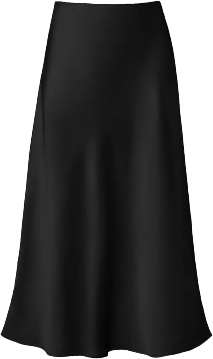 Women's Satin Silk Maxi Skirts High Waist Hidden Elasticized Waistband Flared Casual A Line Midi Skirt Cocktail Party