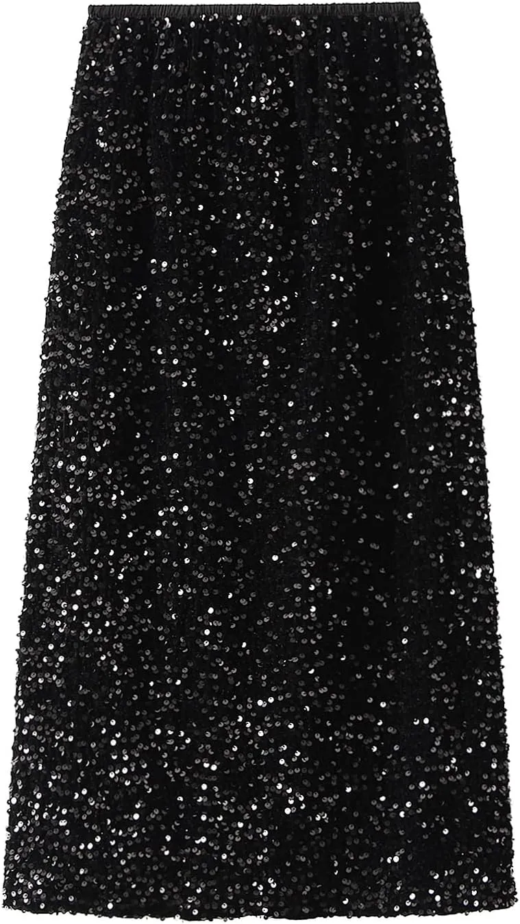 Women's Sequin Midi Skirt Elastic High Waist Slit Pencil Skirt Sexy Slim Cocktail Party Club Night Out Long Skirts